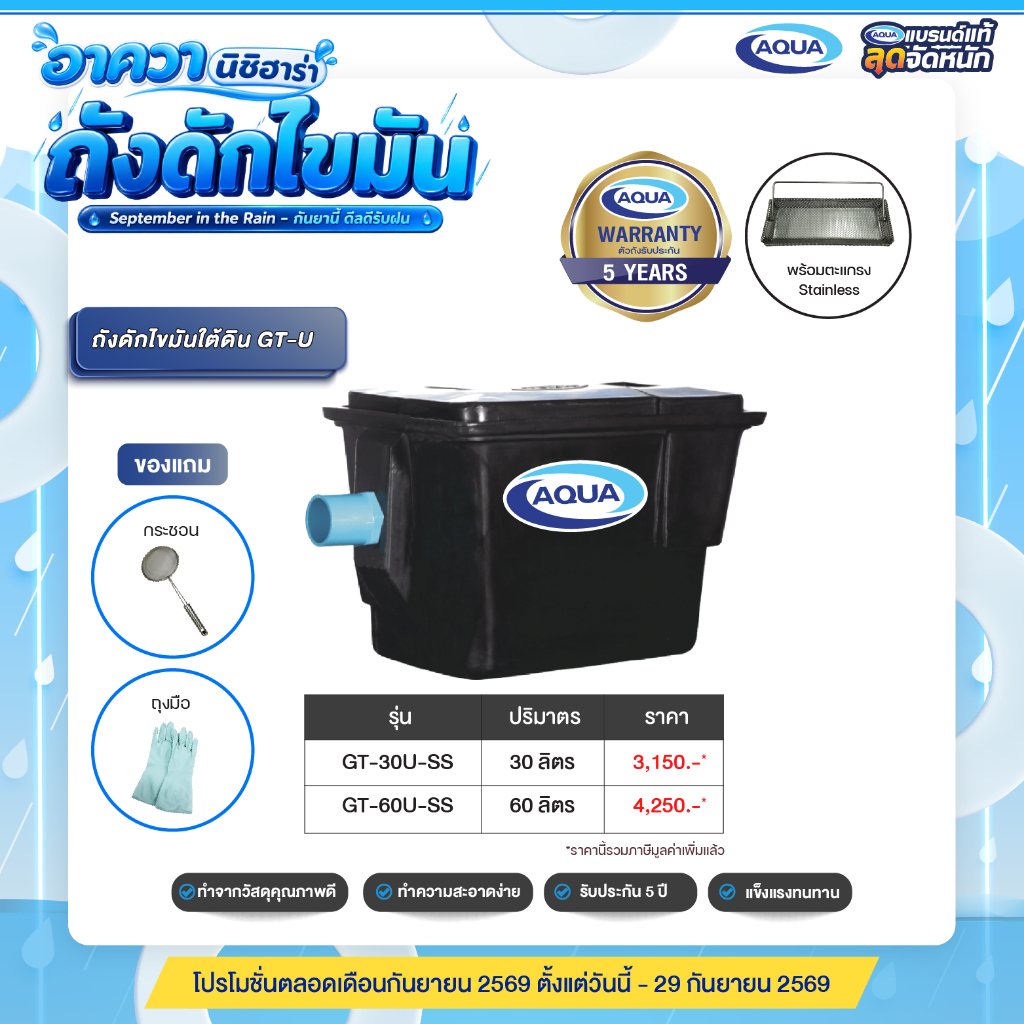 ถังดักไขมัน รุ่น GT สำหรับติดตั้งใต้ดิน (Black) (ปริมาตร 30,60 ลิตร) ตะแกรงสแตนเลส