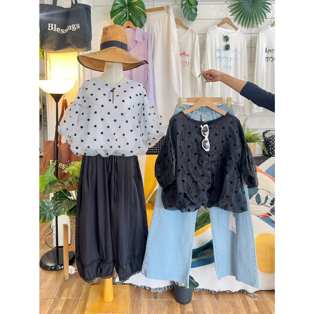 0-1174TS เสื้อชีฟองแขนพองลายจุดผูกหลัง