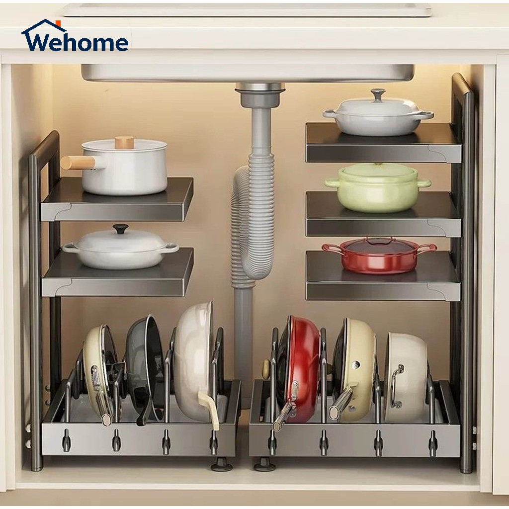Wehome ชั้นวางหม้อและกระทะปรับระดับได้ วัสดุเหล็กกล้าคาร์บอน สีดำ ประหยัดพื้นที่