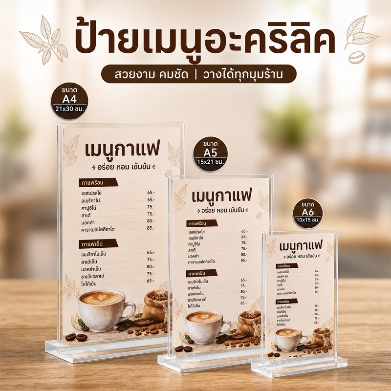 ป้ายตั้งโต๊ะอะคริลิคแบบสไลด์ หนา2mm แนวตั้ง A4/A5/A6 ขอบแปดเหลี่ยม ฐานใส/ดำถอดได้ แบบสอดกระดาษ สต็อกไทย ส่งไว