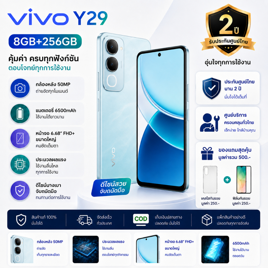 [NEW] Vivo Y29 5G (8/256GB) กล้องหลัง 50 MP กันน้ำกันฝุ่น IP64 แบตเตอรี 6,500mAh ชาร์จไว 44W Y29