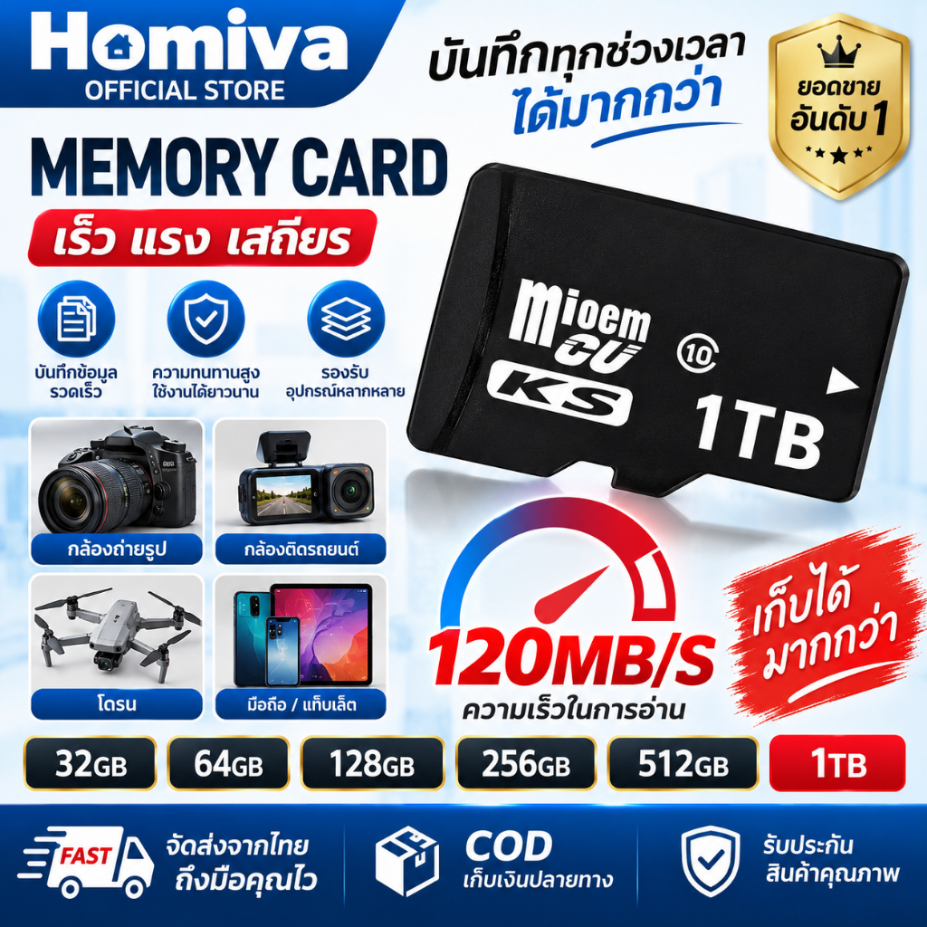 สินค้าขายดี KS Memory card การ์ดหน่วยความจำวิดีโอ 32GB/64GB/128GB/256GB/512GB/1TB Class10 ของแท้ โอนเร็ว TF SD