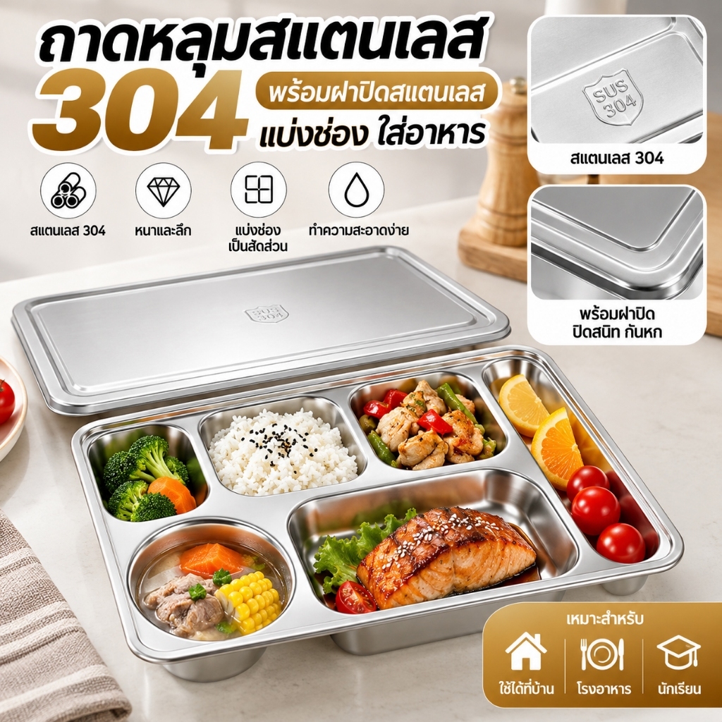 ถาดหลุมสแตนเลส 304 พร้อมฝาปิด ถาดอาหารแบ่งช่อง หนาและลึก จานหลุมใส่อาหาร สำหรับบ้าน โรงอาหาร นักเรียน
