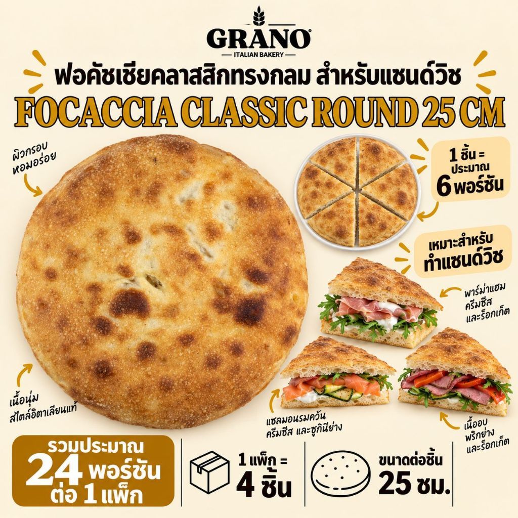 GRANO Focaccia Classic Round 25cm | 4 PCS. X BOX | Extra Virgin Olive Oil | Italian & French Flours