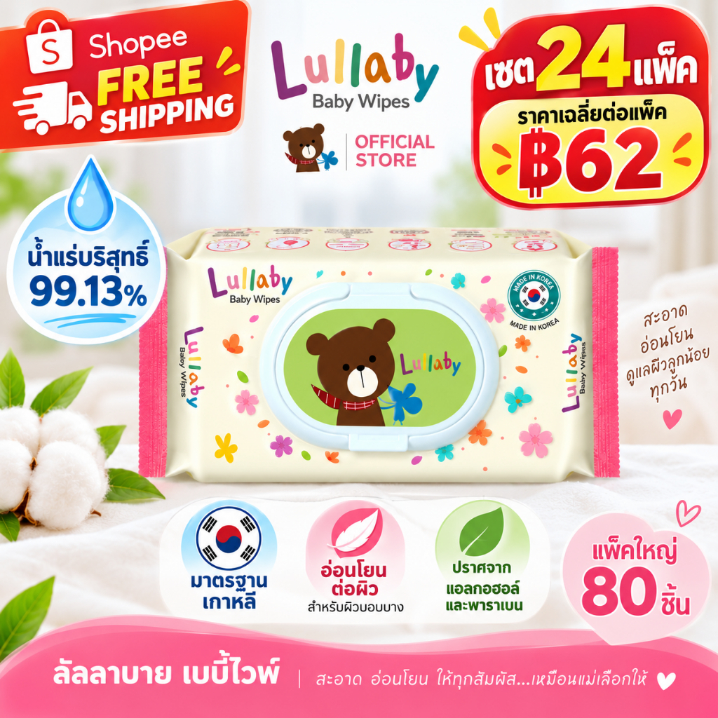 [ซื้อ12ฟรี12] Lullaby Baby Wipesทิชชู่เปียกเด็ก น้ำแร่แท้จากฝรั่งเศส มาตรฐานเกาหลี อ่อนโยนกับทารกแรก