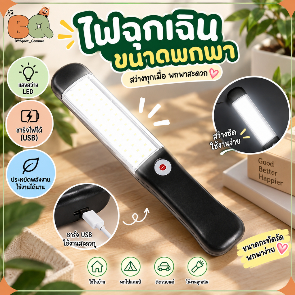 ไฟฉุกเฉิน LED แบบชาร์จ USB ไฟฉายพกพา ขนาดเล็ก สว่างแรง ใช้งานง่าย สำหรับบ้าน รถยนต์ แคมป์ปิ้ง