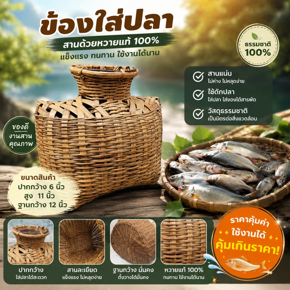 ข้องใส่ปลา ข้องไม้ไผ่ ข้องแบน ปากกว้าง 6 นิ้ว สูง 11 นิ้ว ฐานกว้าง 12 นิ้ว