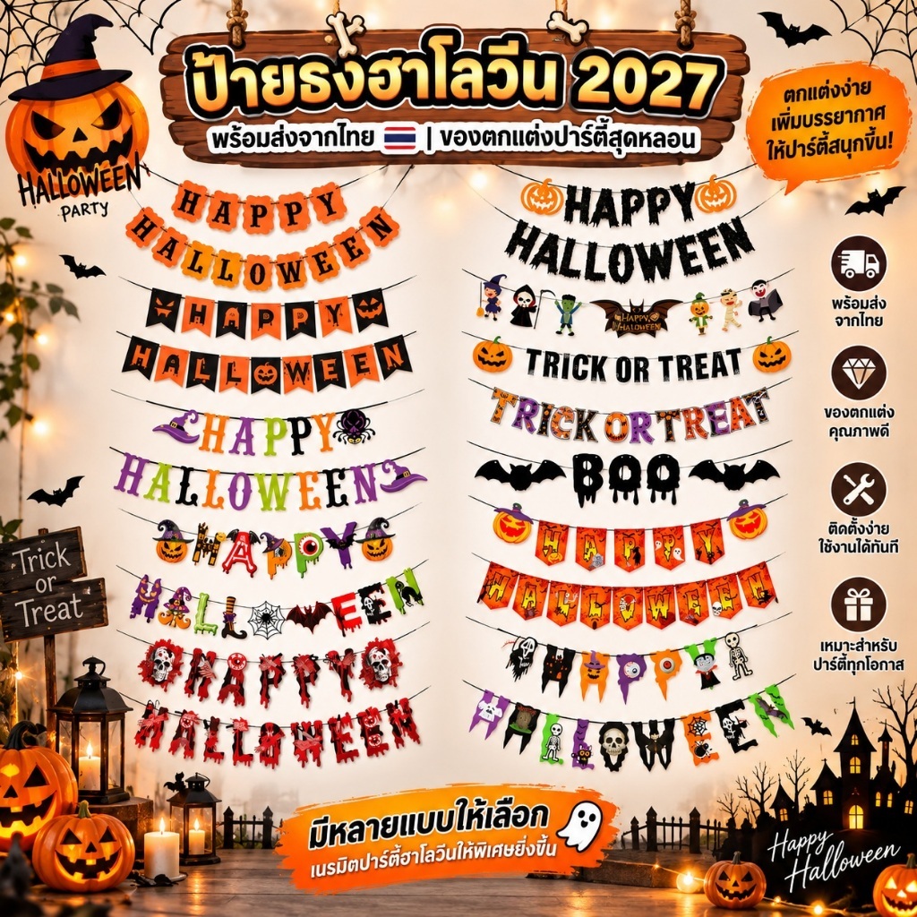 ป้ายธงฮาโลวีน ราวธงตกแต่ง Halloween Party ธีมผี ตกแต่งบ้าน ปาร์ตี้ฮาโลวีน 2027 พร้อมส่งในไทย