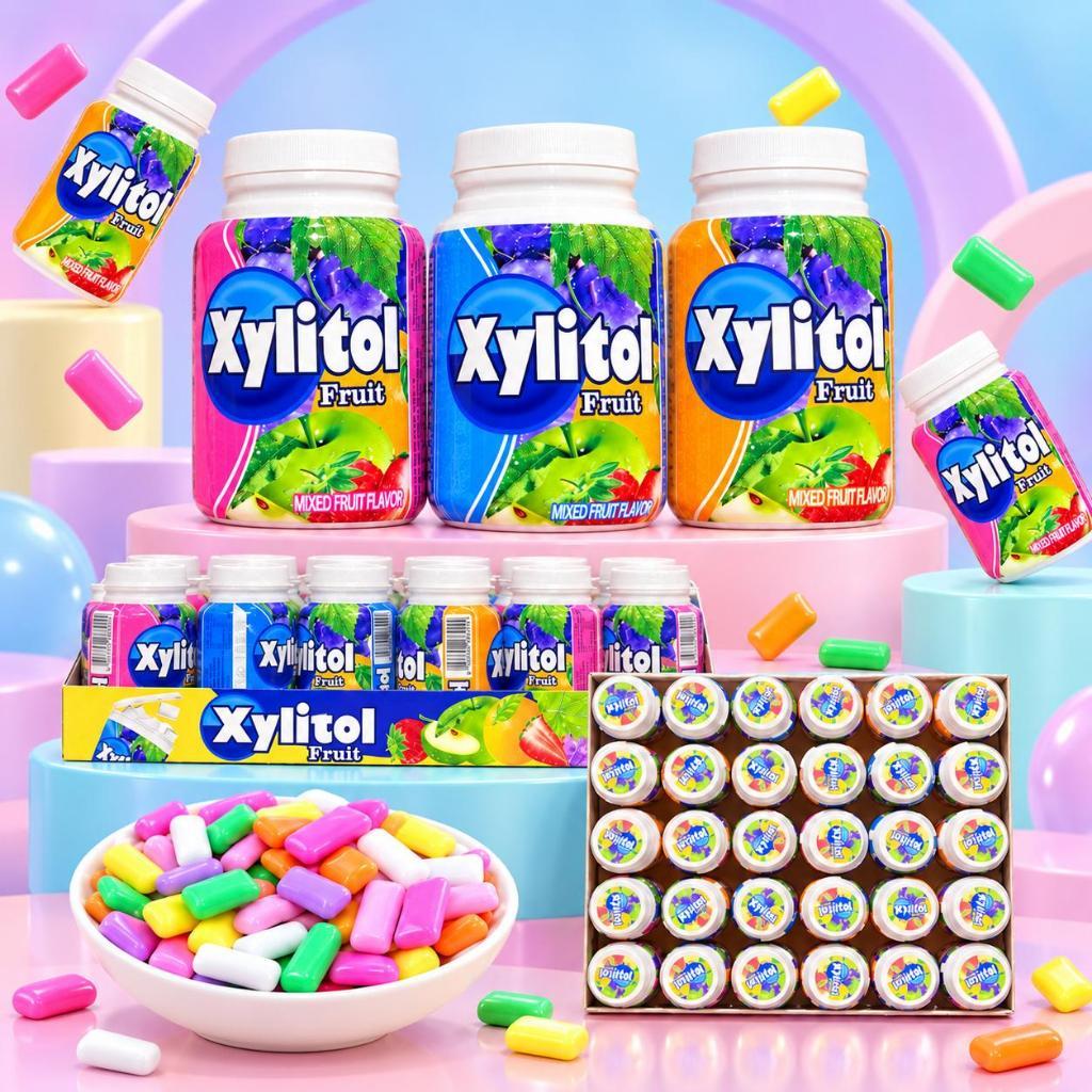 หมากฝรั่งผลไม้แบบกระปุก ไซลิทอล มี 5 รสชาติ 1 กล่อง 30 ชิ้น