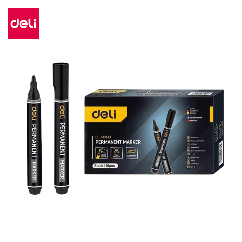 Deli ปากกาเคมี 1.8 มม. มี 10ด้าม/กล่อง เขียนพลาสติก/ไม้/แก้ว สีชัด แห้งเร็ว กันน้ำ Permanent Marker