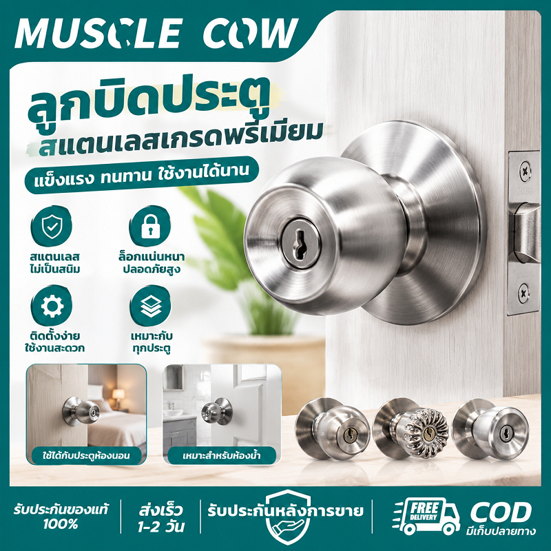 MUSCLE COW ลูกบิดประตู ลูกบิด ลูกบิดสแตนเลส ห้องน้ำ ห้องนอน ลูกบิดประตู ลูกบิดสแตนเลส ทนทาน แข็งแรง ไส้ทองเหลือง