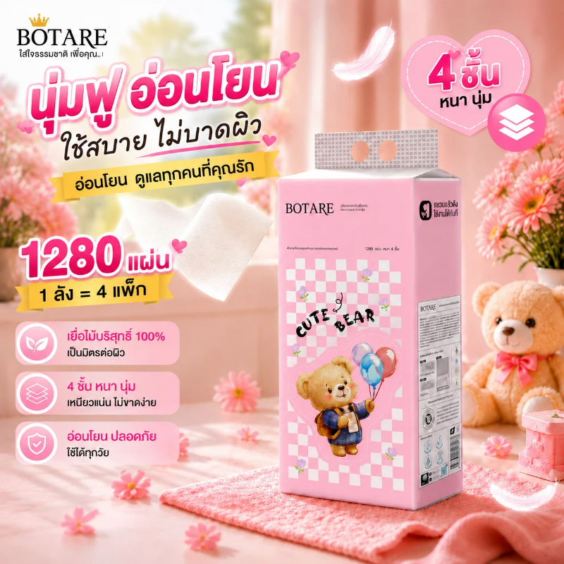 【4/8 แพ็ค】BOTARE ทิชชู่แขวน ลายหมีน้อยน่ารัก แพ็คครอบครัว ทำจากเนื้อไม้ธรรมชาติ 100% กระดาษหนา ไม่หลุดผงขณะใช้ 320 แผ่น
