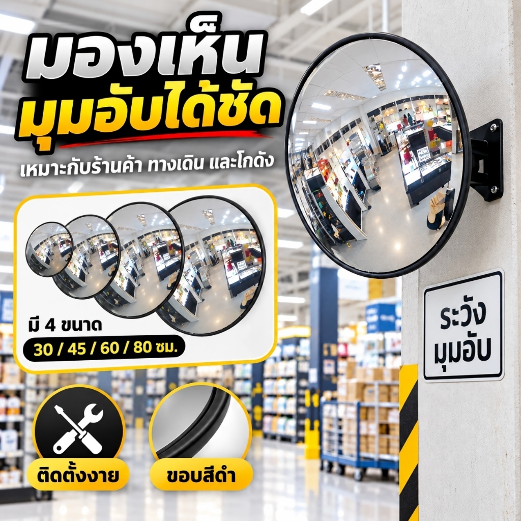 กระจกจราจรแบบนูนสีดำ ที่จอดรถกระจกนูน จัดส่งฟรี 30/45/60/80 ซม. ติดตั้งบนผนังหรือเสา ไม่เสียหายง่าย Convex Mirror