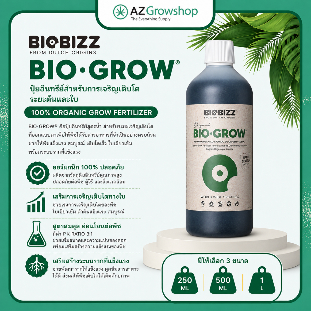 Biobizz Bio·Grow (250ml/500ml/1L) | Organic Base Nutrient for Vegetative Stage ปุ๋ยสูตรออร์แกนิก เพิ่มใบเขียวและรากแข็งแ