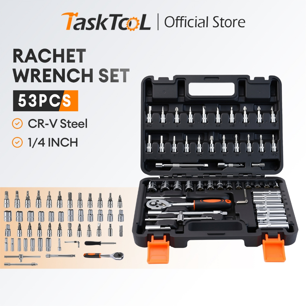 TASKTOOL ชุดบล็อกประแจ 53 ชิ้น ชุดเครื่องมือช่าง ชุดประแจบล็อก ชุดเครื่องมือ ชุดลูกบ๊อกซ์ประแจวงล้อ 3 ชิ้น (1/4 นิ้ว)