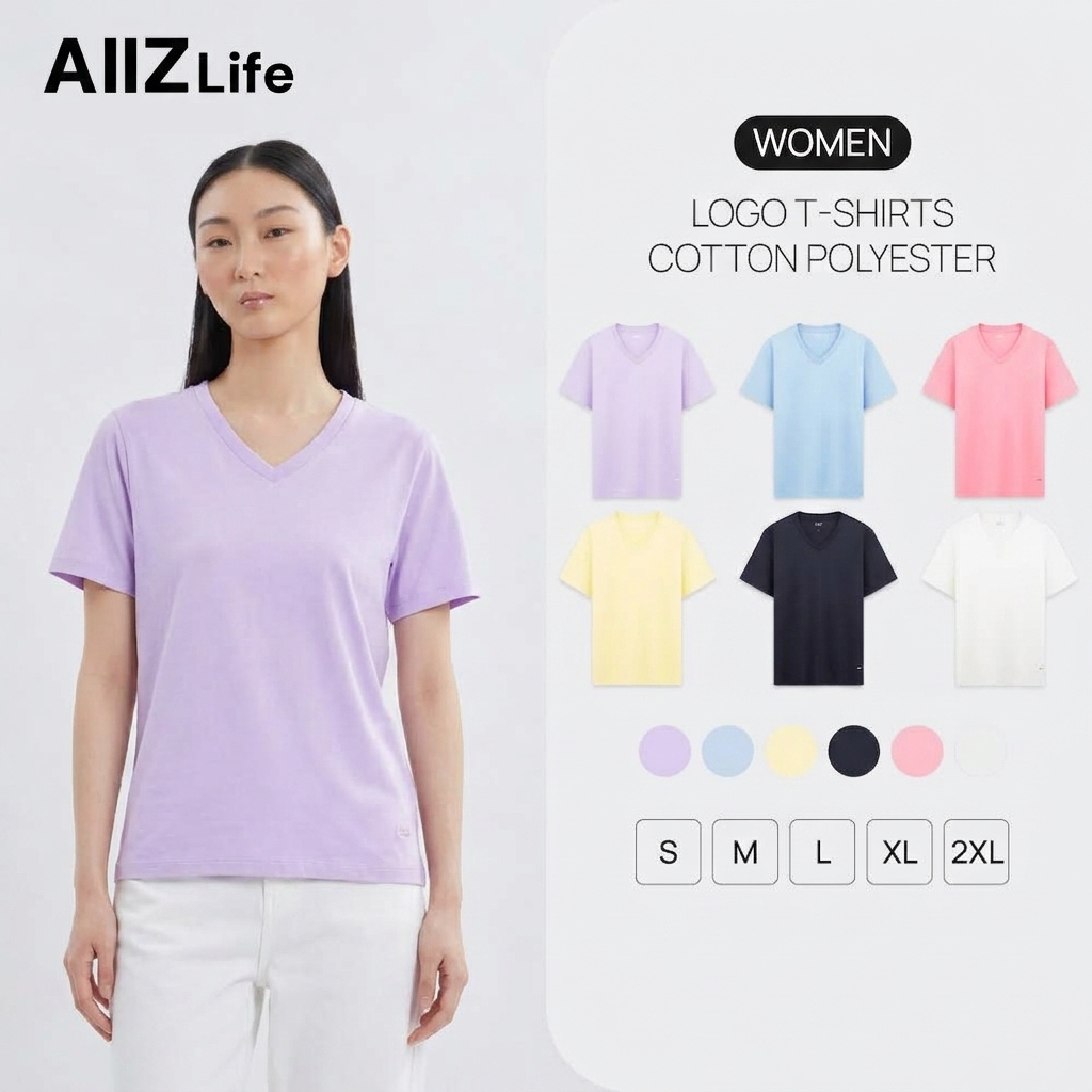 AIIZ (เอ ทู แซด) - AIIZ เสื้อยืดคอวีผู้หญิงสีพื้น โลโก้ AIIZ T-Shirt