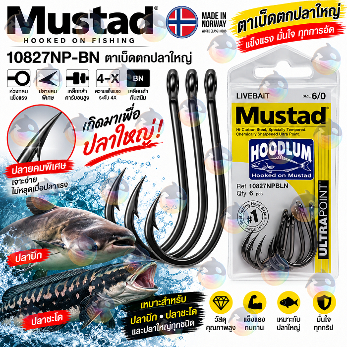 เบ็ด MUSTAD HOODLUM HOOK เบ็ดแข็งแรง 4x รหัส 10827NPBLN
