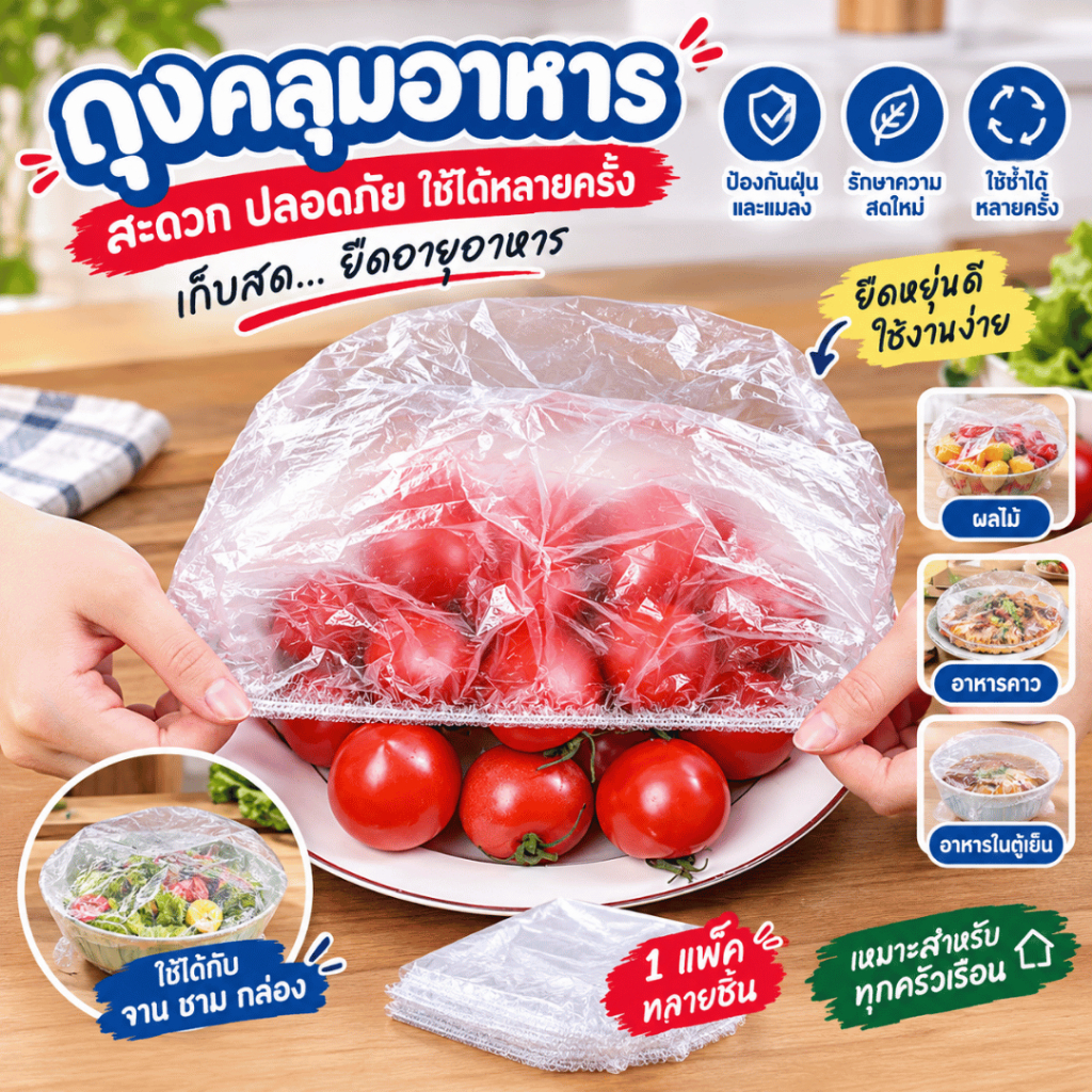 ถุงพลาสติกคลุมอาหารแบบใช้แล้วทิ้งที่ยืดหยุ่นได้ เก็บรักษาความสดของอาหาร ฝาปิดชามอาหาร