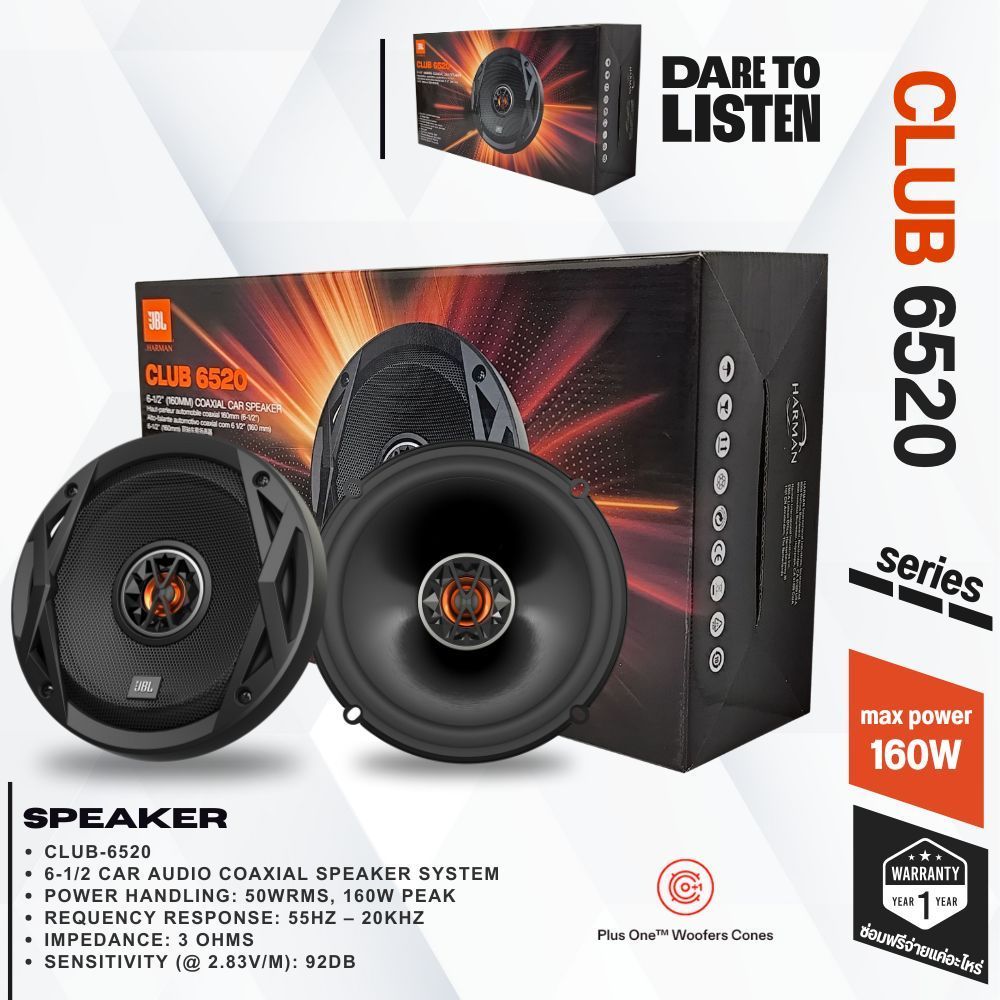 [พร้อมส่ง] JBL CLUB 6520 ลำโพงแกนร่วมติดรถยนต์ coaxial 6.5นิ้ว 160watts Frequency Response: 55Hz – 2