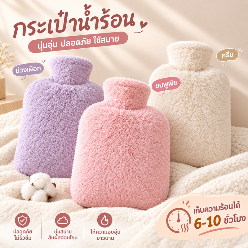 กระเป๋าน้ำร้อนแบบเติมน้ำ รุ่นขนฟูนุ่มพิเศษ อุ่นสบายสำหรับวันอากาศเย็น พกพาง่าย ใช้ได้บนเตียงหรือโซฟา มีให้เลือก