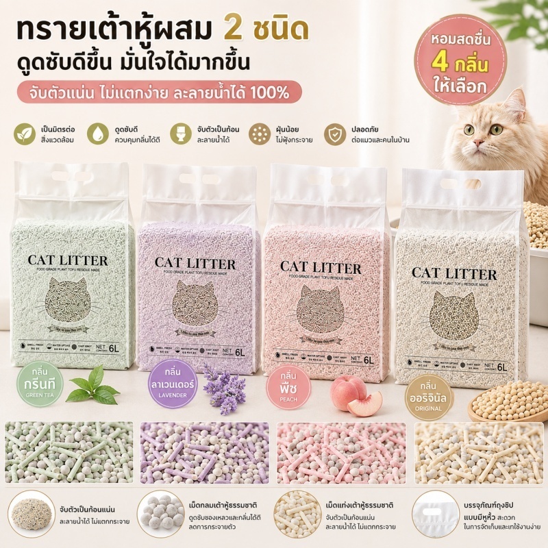 【30L】Mango ทรายแมวเต้าหู้ 6L ลิตร.ทรายเต้าหู้ ผลิตจากกากถั่วเหลืองธรรมชาติทราย ละบายกลิ่นได้ดี มีให้เลือก4กลิ่น