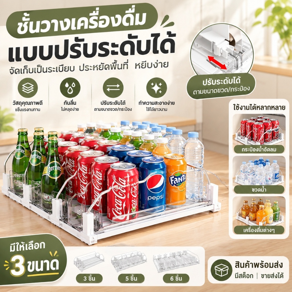 ที่วางขวดเบียร์ โซดา แบบปรับความกว้างได้ สําหรับตู้เย็น อุปกรณ์ที่วางขวดเบียร์ ชั้นวางของ