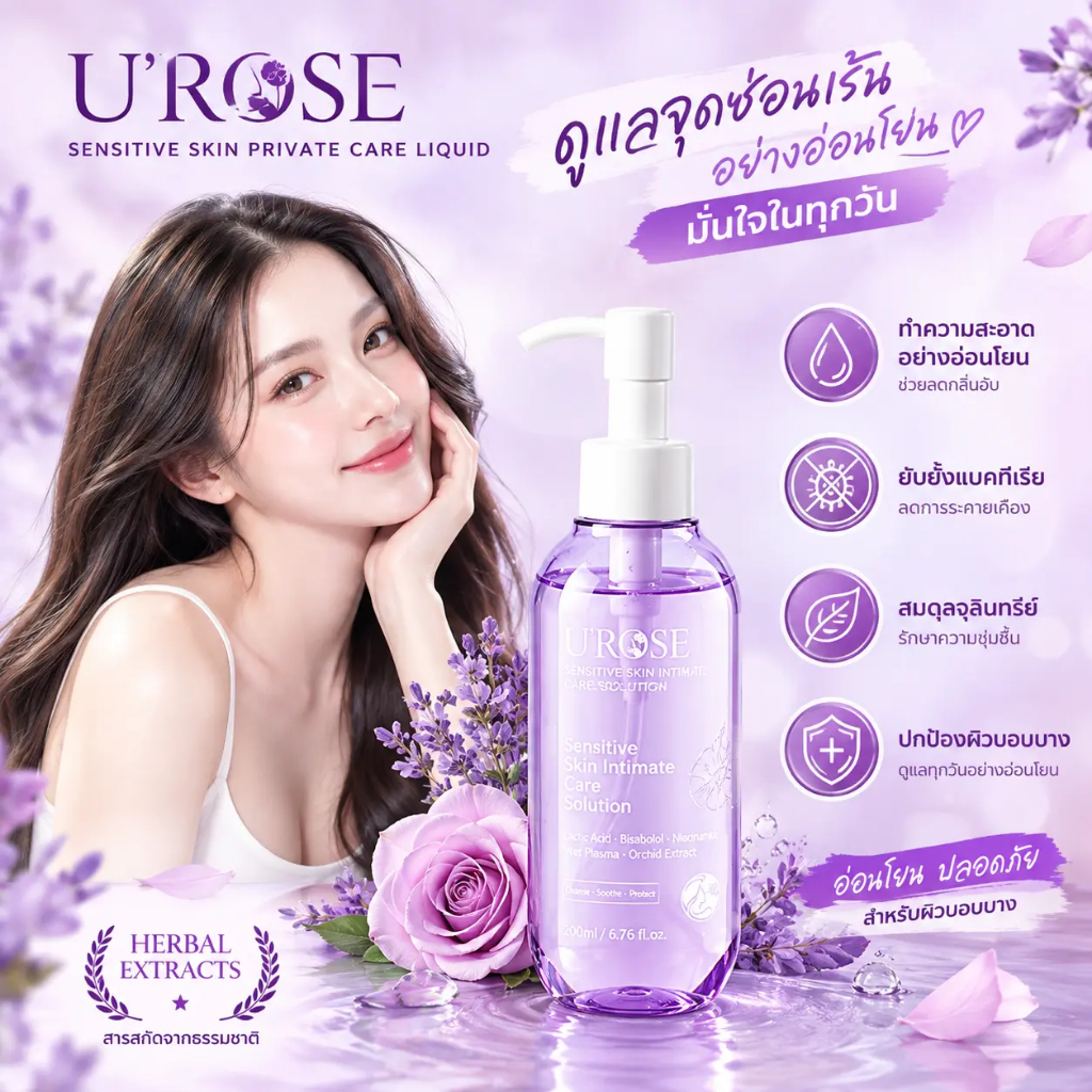 U’ROSE น้ำยาล้างจุดซ่อนเร้น 200ml ผลิตภัณฑ์ทำความสะอาดจุดซ่อนเร้น สูตรอ่อนโยน pH 4.5 สำหรับผิวบอบบาง