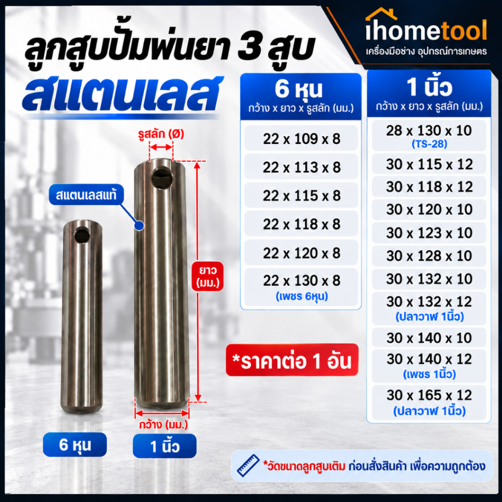ลูกสูบปั้มพ่นยา 3สูบ 6หุน/1นิ้ว สแตนเลสแท้ หนา เกรดอย่างดี ไม่จีน ลูกสูบเครื่องพ่นยา อะไหล่ปั้มพ่นยา อะไหล่ปั๊มพ่นยา