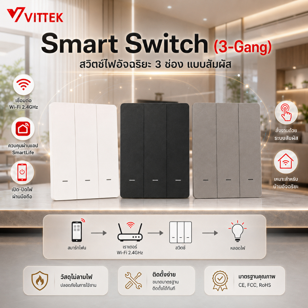 Wifi smart wall touch switch 3 gang สวิตช์ไฟอัจฉริยะ 3 Gang ปุ่มกดสวิตช์ติดผนัง Smart Life รองรับ Al