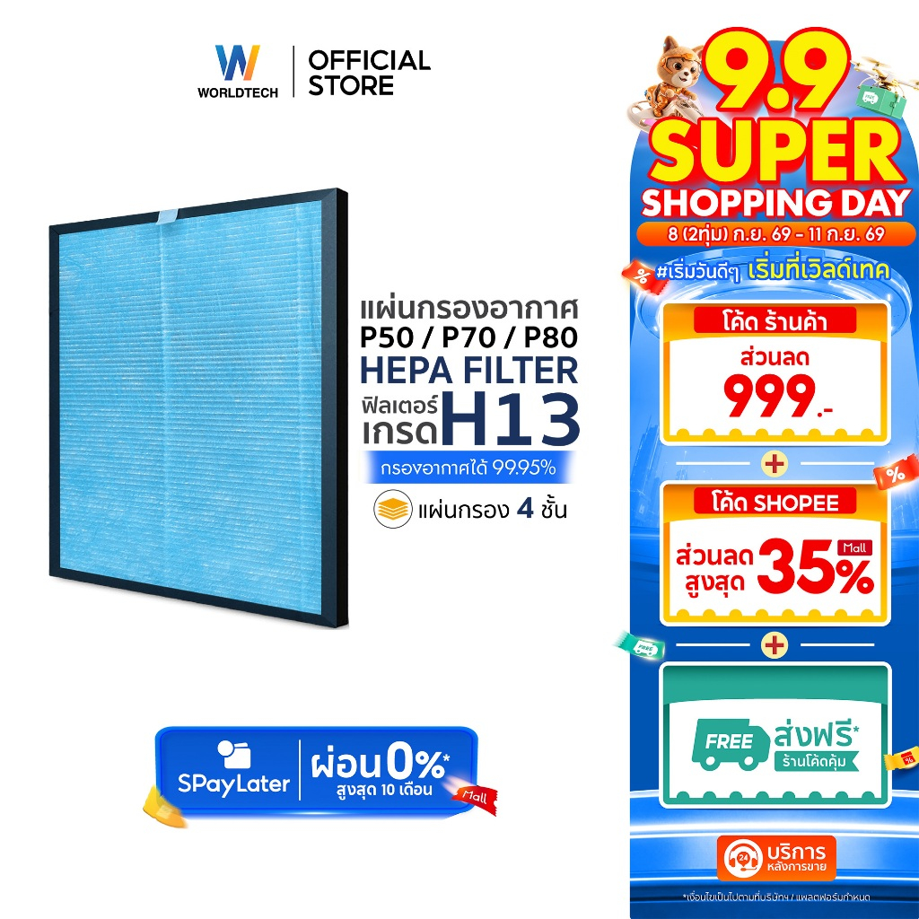 [ส่งฟรี] Worldtech ไส้กรองเครื่องฟอกอากาศ รุ่น WT-P80-Filter ตัวกรอง HEPA H13 4 ชั้น กรองฝุ่น ควัน P
