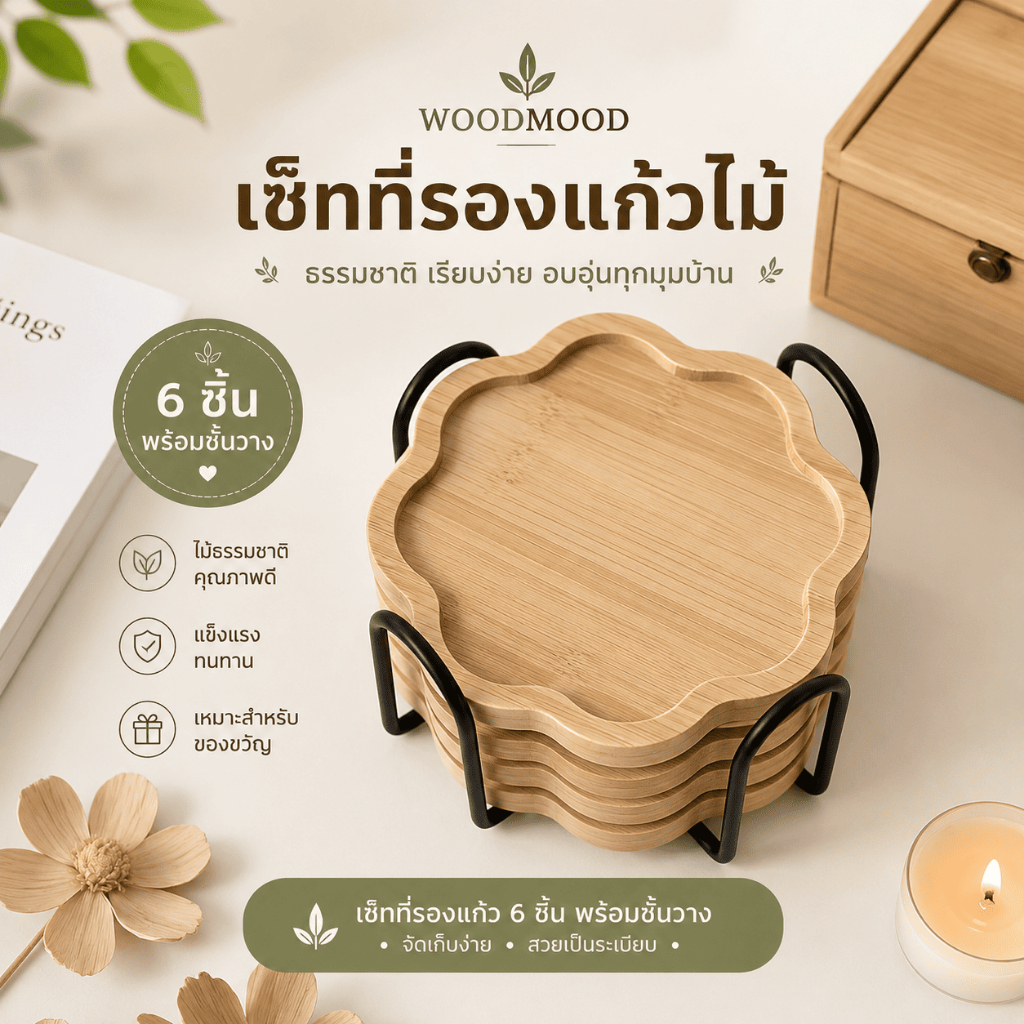 จานรองแก้วไม้ ที่รองแก้วทรงดอกไม้แบบเซ็ท(6ชิ้น) พร้อมที่วางเหล็ก Bamboo Coaster มินิมอล กันรอยโต๊ะ แต่งบ้าน คาเฟ่