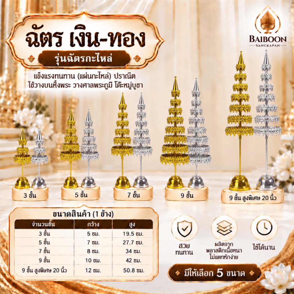 ฉัตร เงิน-ทอง แข็งแรง ทนทาน หลากหลายแบบ 5 ขนาด
