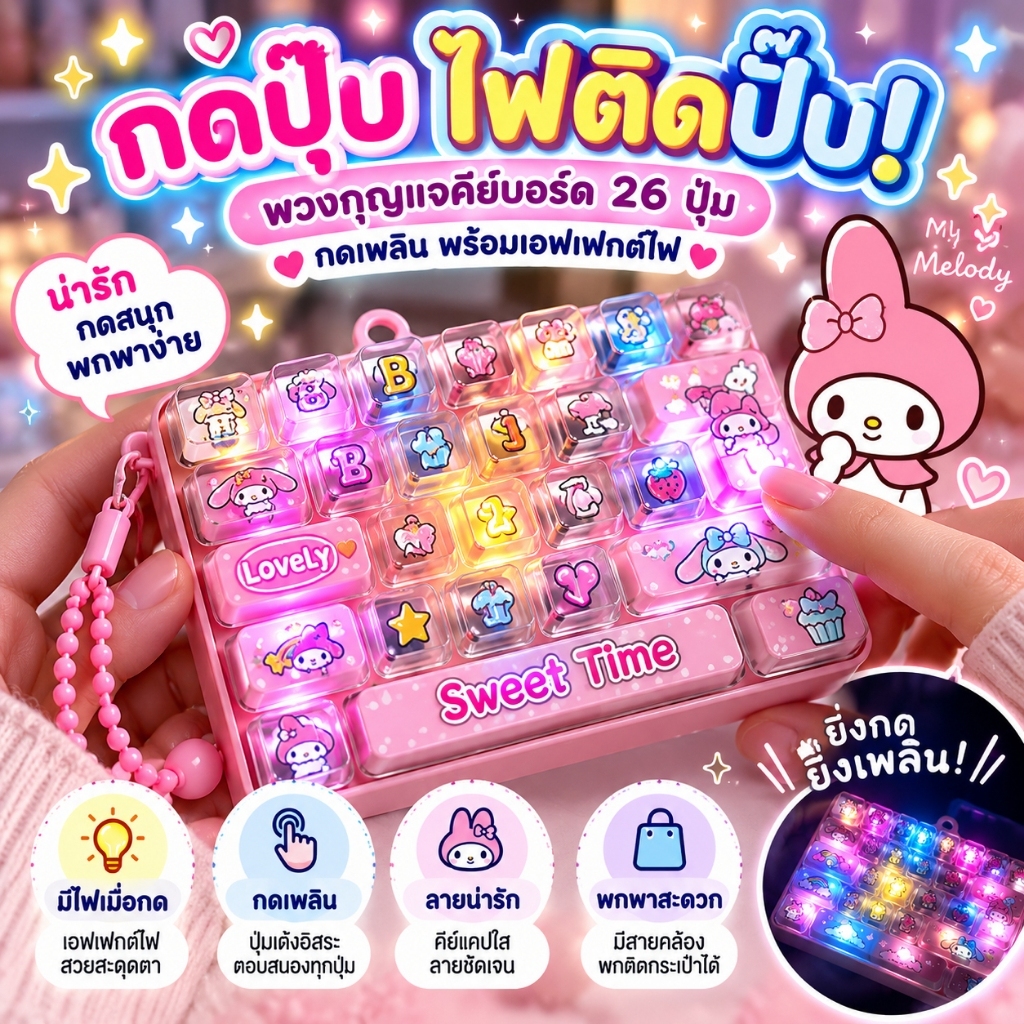 พวงกุญแจคีย์บอร์ด 26 คีย์ มีไฟ Mechanical Keyboard Mini ของเล่นกดคลายเครียด Fidget Toy ลายน่ารัก พร้อมส่ง