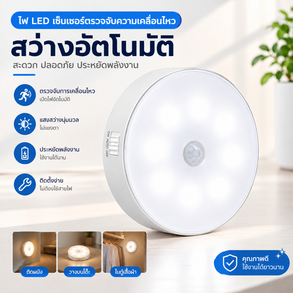 โคมไฟกลางคืน LED โคมไฟหัวเตียง ไฟเซ็นเซอร์ ยึดแม่เหล็ก ติดผนังไม่เจาะรู เซนเซอร์ตรวจจับคนอัตโนมัติ