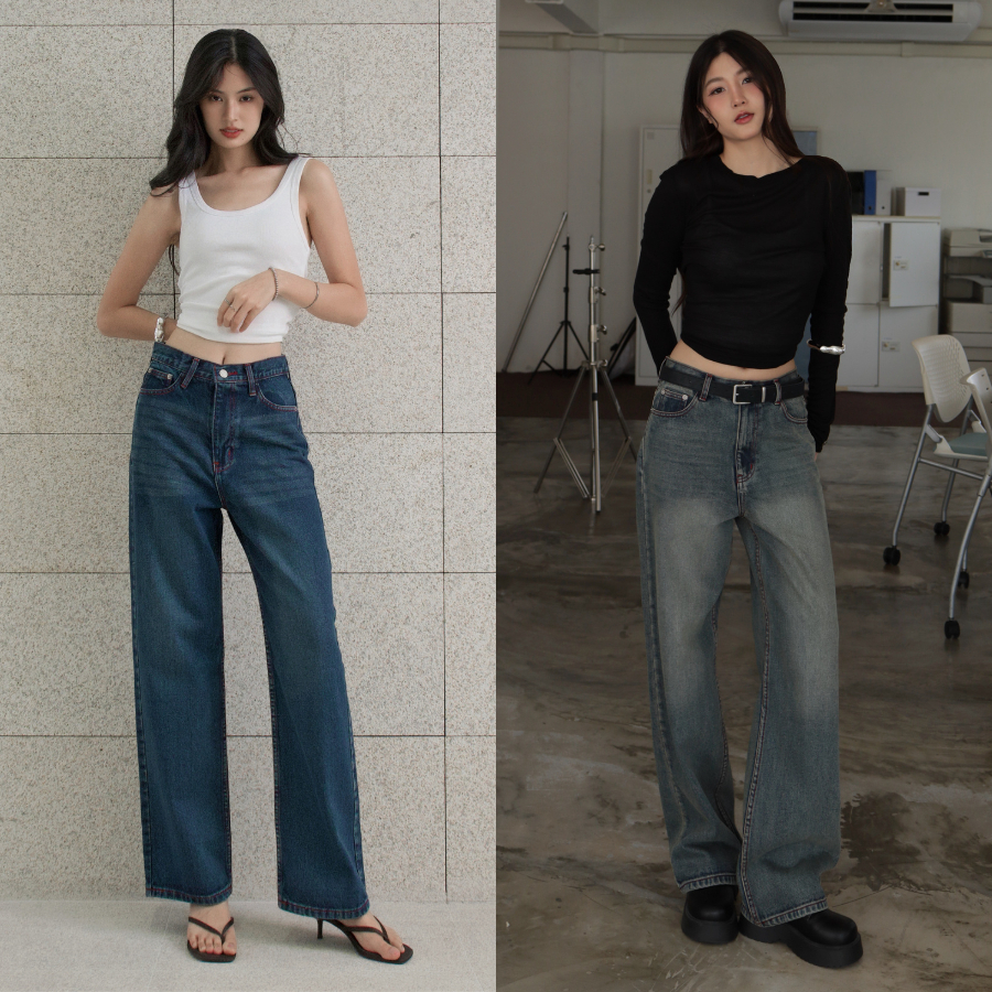 ยีนส์ Nammon Jeans NM21 กางเกงยีนส์กระบอกใหญ่เรียบเดินด้ายเเดง รุ่น Buddy cherry brown - ผ้าไม่ยืด