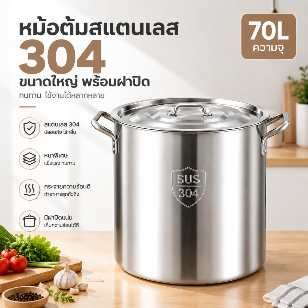 หม้อต้มสแตนเลส SUS304 หม้อซุปหม้อใหญ่ 6L-70L พร้อมฝา หนาพิเศษ ไม่เป็นสนิม ใช้สำหรับบ้านและร้านอาหาร