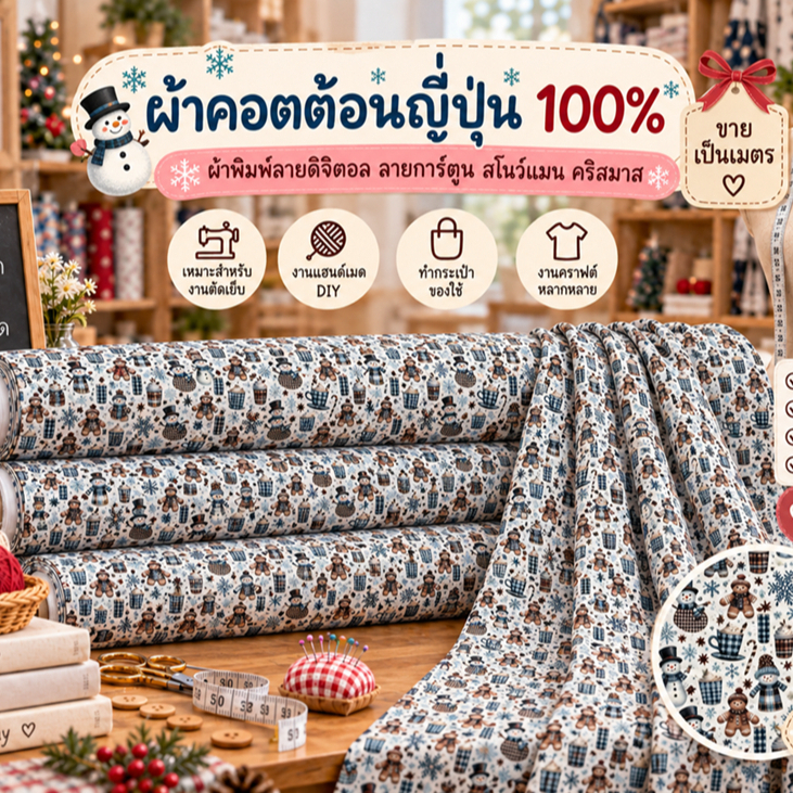 ผ้าเมตร ผ้าคอตต้อนญี่ปุ่น 100% ผ้าพิมพ์ลายดิจิตอล ลายการ์ตูน ลายสโนว์แมน คริสมาส หน้ากว้าง 45 นิ้ว หน่วยขายเป็นเมตร