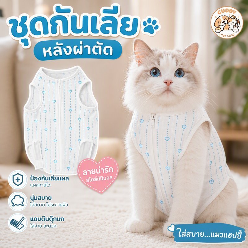 เสื้อหลังผ่าตัด แมว สุนัข BHQ เสื้อทำหมัน ชุดกันเลียแผล ผ้าคอตตอน นิ่ม ใส่ง่าย ตีนตุ๊กแก