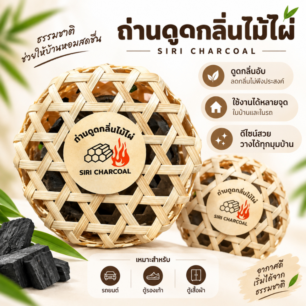 ถ่านไม้ไผ่ดูดกลิ่น อเนกประสงค์ ในชะลอมใช้งานได้ยาวนาน ขนาด 40 กรัม