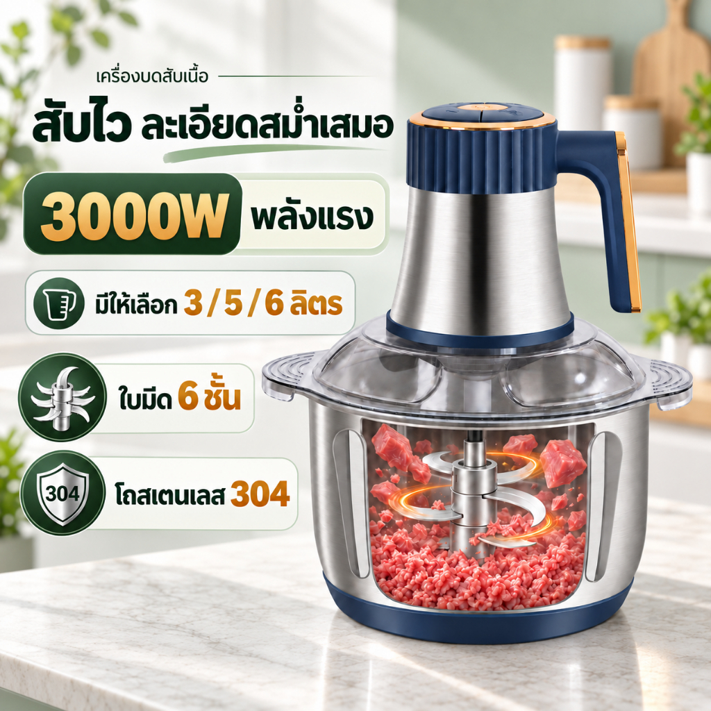 🔥รับประกัน5 ปี🔥เครื่องบดหมู 3000Wได้5เกียร์ ใบมีดคม6ใบ*2ชุ สแตนเลส304 เสียงเบา เครื่องบดอาหาร เครื่องปั่นอเนกประสงค์