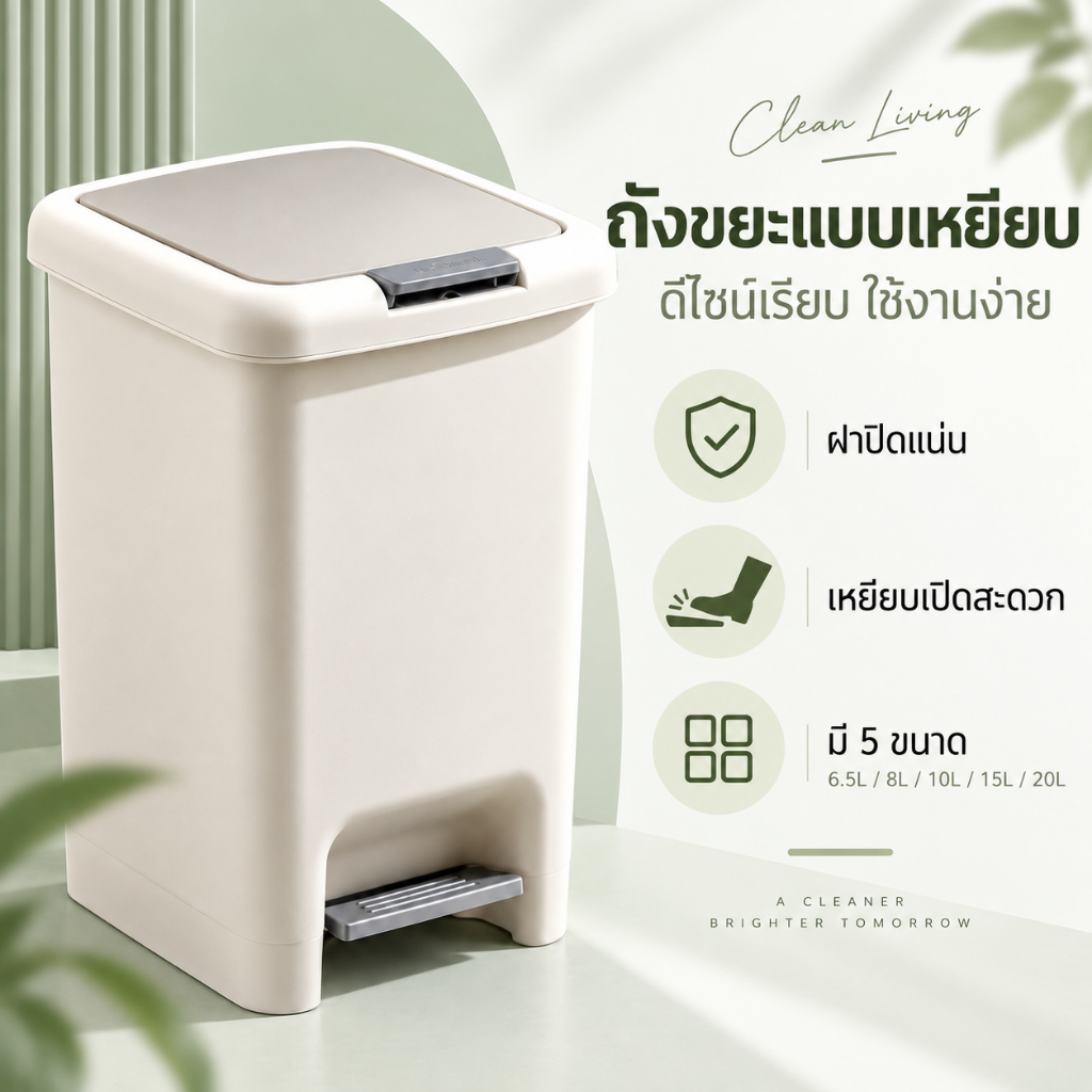 ถังขยะดีไซน์มินิมอล สีเรียบหรู มีฝาปิด เปิดเท้า-เปิดมือได้ ขนาด 6.5L-20L ใช้งานง่าย
