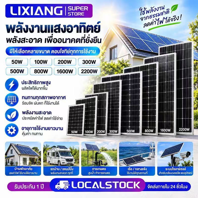 ✨ 0 ค่าไฟฟ้า ✨แผงโซล่าเซลล์ 18V/500W 800W 1600W 2200W พร้อมสาย Solar Cell โซล่าเซลล์ Solar Panel กัน
