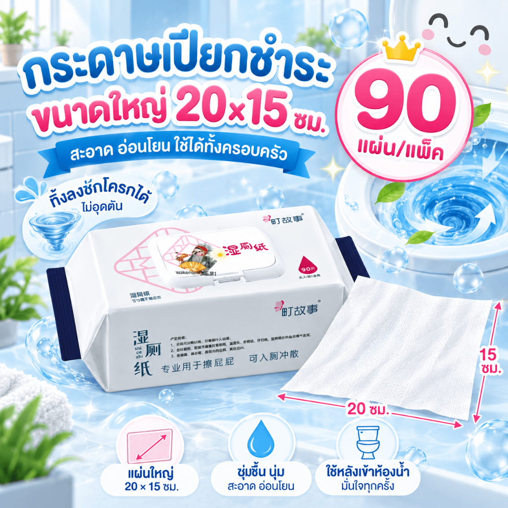 กระดาษเปียกชำระ 90 แผ่น ขนาดใหญ่ 20x15ซม. ทิชชู่เปียกเข้าห้องน้ำ ทิ้งลงชักโครกได้ นุ่ม ชุ่มชื้น ฝาปิด