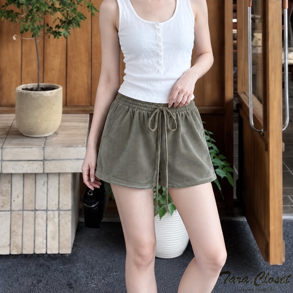 LF007 TARA Pants กางเกงขาสั้น สม็อกรอบเอว เนื้อผ้ากำมะหยี่ น้ำหนักเบา ผ้านุ่ม ทิ้งตัว ใส่สบาย ไม่ร้อ