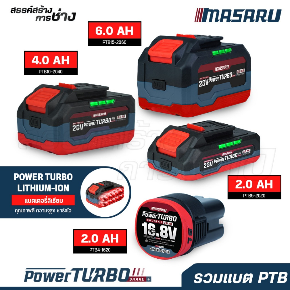 MASARU แบตเตอรี่ลิเธียม 20V รุ่น POWER TURBO ความจุ 2.0Ah / 4.0Ah / 5.0Ah / 6.0Ah / 7.5 Ah อะไหล่เสริม สำหรับเครื่องมือไ