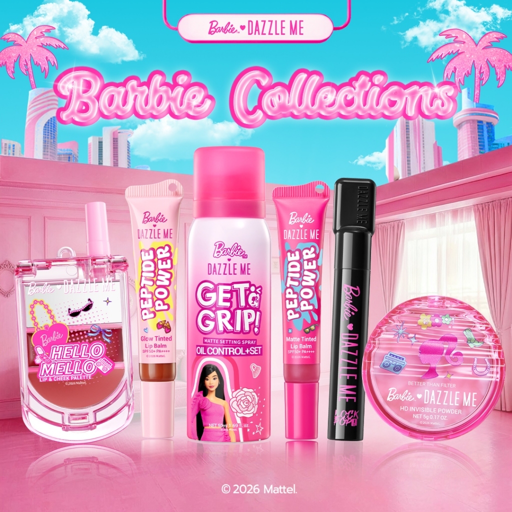 Barbie x DAZZLE ME Collections เครื่องสำอางค์บาร์บี้คอลเลคชั่น Setting Spray, แป้งไร้ฝุ่น, Mascara, Lip Balm, Lip&Cheek