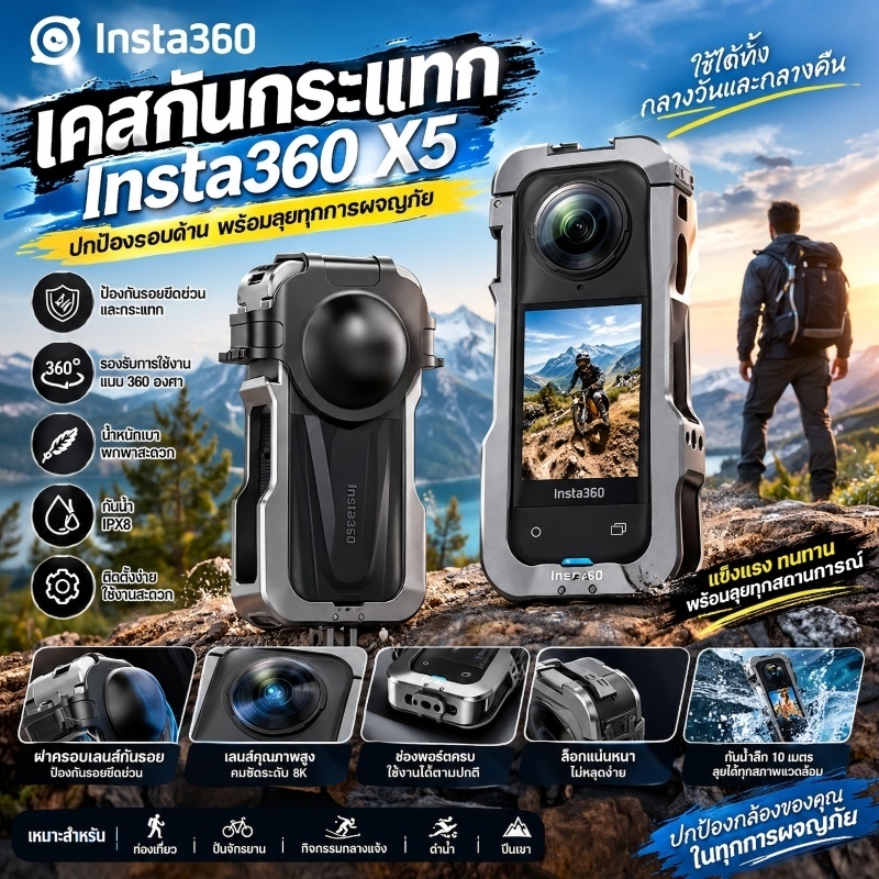 กรงป้องกันกล้อง Insta360 X5/X4/X4Air ผลิตจากอลูมิเนียมอัลลอยด์ มีฝาครอบเลนส์ซิลิโคนในชุด ป้องกันรอยขีดข่วน-กระแทกได้ดี เ
