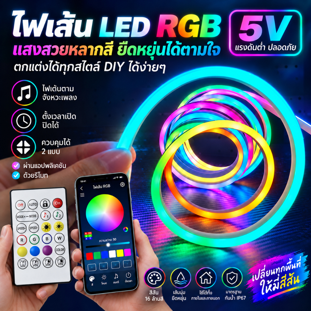 ไฟเส้น RGBIC แบบซิลิโคน 🌈 เปลี่ยนสีได้หลายโหมด ควบคุมด้วยรีโมท/แอปมือถือ USB 5V ตกแต่งห้องนอน โต๊ะคอม IP65