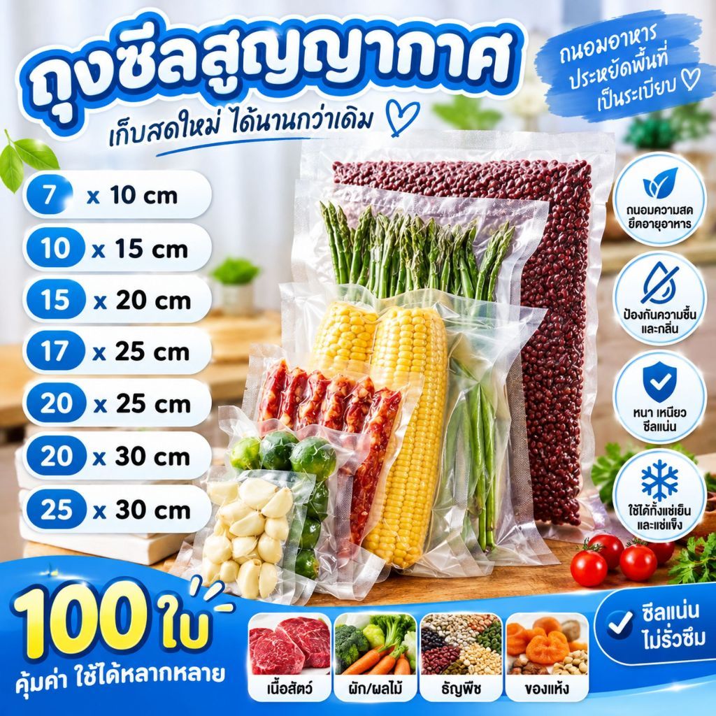 ส่งด่วน ถุงซีล สูญญากาศ ถุงซีลลายนูน ถุงซีลอาหารแห้ง Vacuum Bag Sealer 15x20 15x25 17x25 แพ็คละ100ใบ