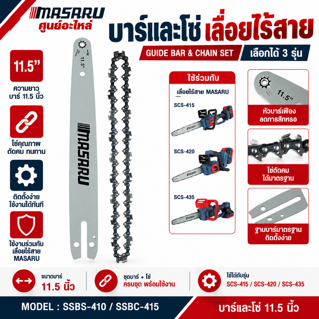 [อะไหล่เสริม] MASARU บาร์เลื่อย+โซ่เลื่อยขนาด 8/11.5 นิ้ว สำหรับเลื่อย รุ่น SCS-410/415/420/430/435/